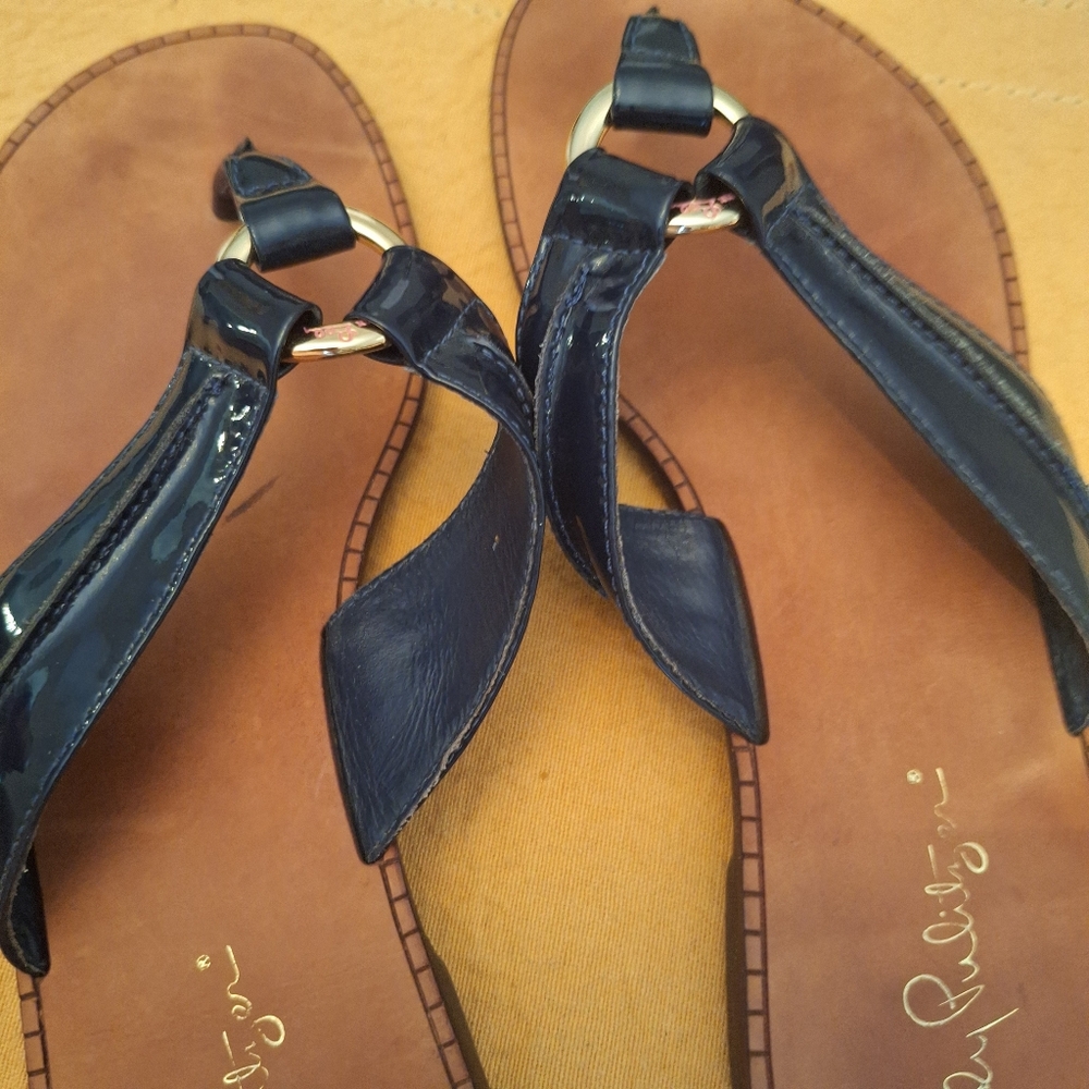Lilly Pulitzer Leather Navy Made In Brazil Flip Flop Flat Sandals Sz 7 - Picture 10 of 14